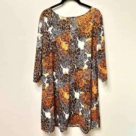 Lbisse Dress Women's 1X Orange Black Tan Knee Length Shift 3/4 Sleeve Abstract - Picture 2 of 11